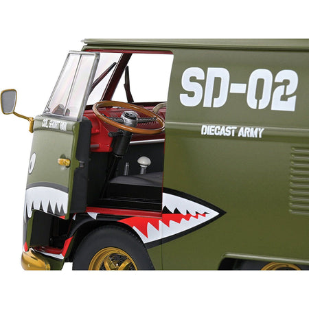 1950 Volkswagen Kool Kombi Van with Trailer "Army Fighter" Green with Graphics 1/18 Diecast Model Car by Solido - Solido - ModelCars.com