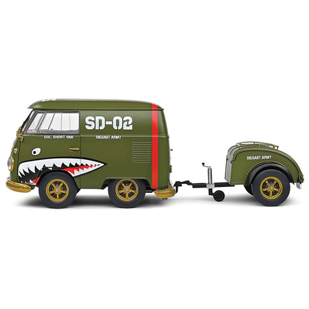 1950 Volkswagen Kool Kombi Van with Trailer "Army Fighter" Green with Graphics 1/18 Diecast Model Car by Solido-Solido-ModelCars.com