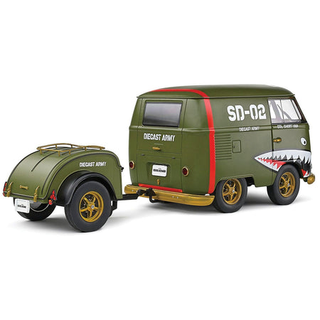 1950 Volkswagen Kool Kombi Van with Trailer "Army Fighter" Green with Graphics 1/18 Diecast Model Car by Solido-Solido-ModelCars.com