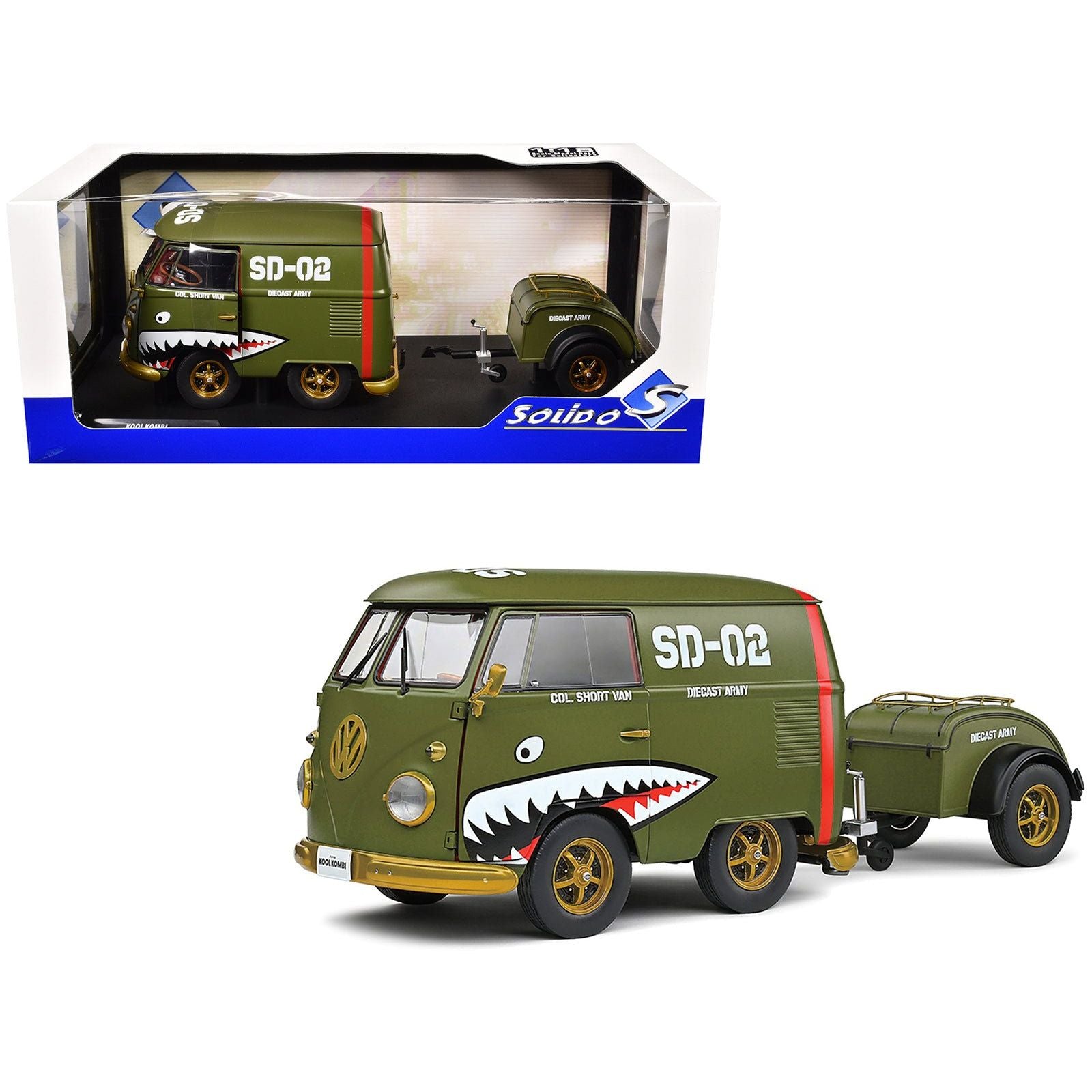 1950 Volkswagen Kool Kombi Van with Trailer "Army Fighter" Green with Graphics 1/18 Diecast Model Car by Solido - Solido - ModelCars.com