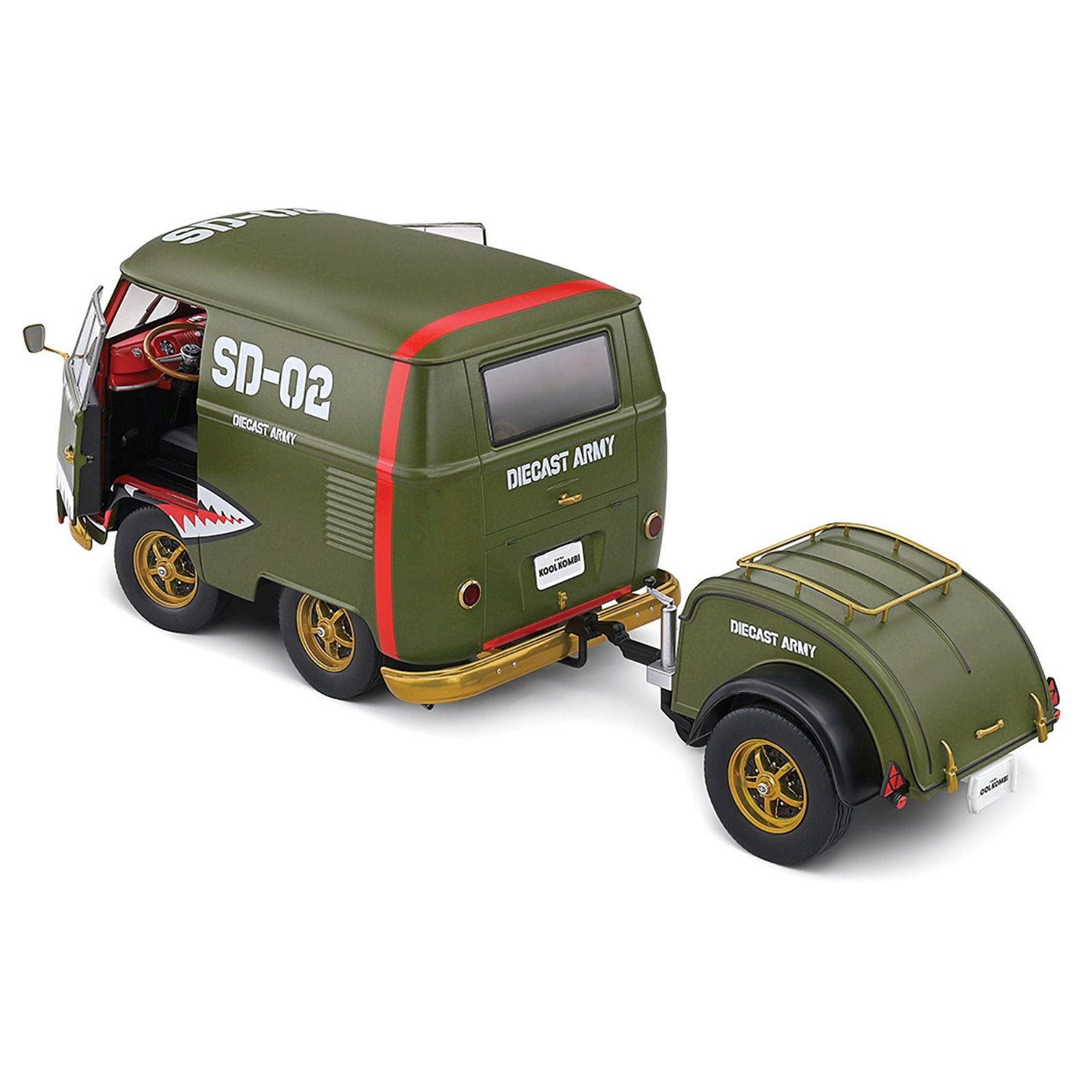 1950 Volkswagen Kool Kombi Van with Trailer "Army Fighter" Green with Graphics 1/18 Diecast Model Car by Solido - Solido - ModelCars.com
