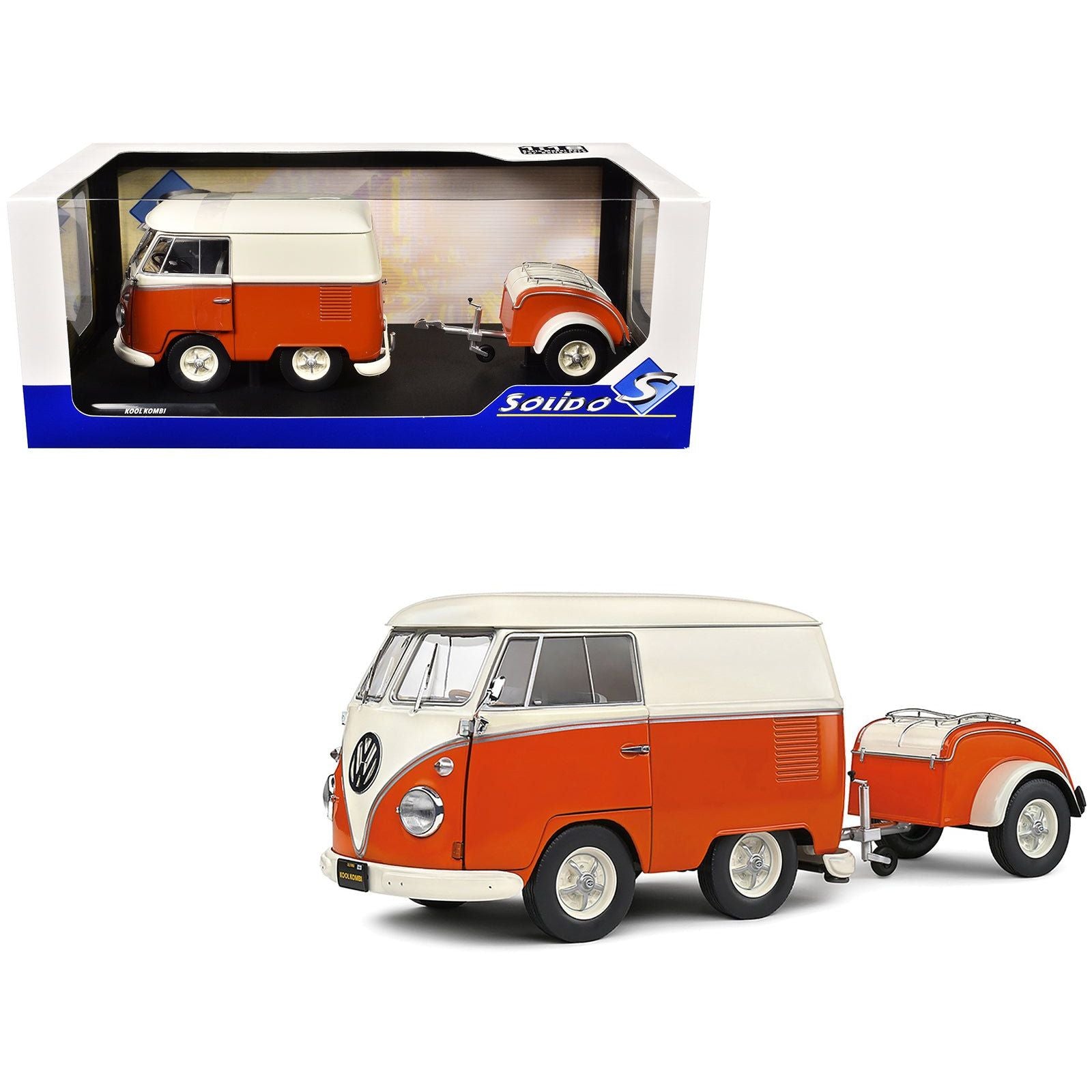 1950 Volkswagen Kool Kombi Van with Trailer Orange and White 1/18 Diecast Model Car by Solido - Solido - ModelCars.com