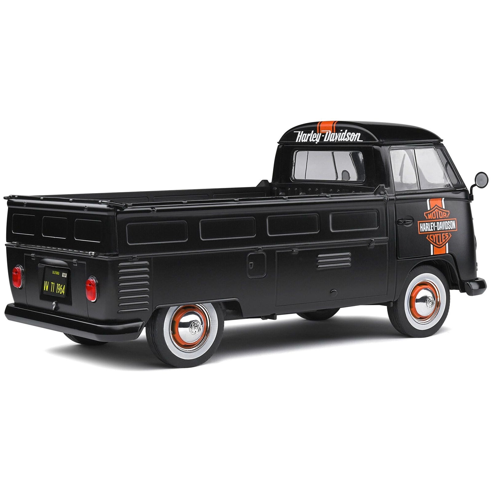 1950 Volkswagen T1 Custom Pickup Truck Matt Black with Orange Stripes "Harley Davidson" with Surfboard Accessory 1/18 Diecast Model Car by Solido - Solido - ModelCars.com