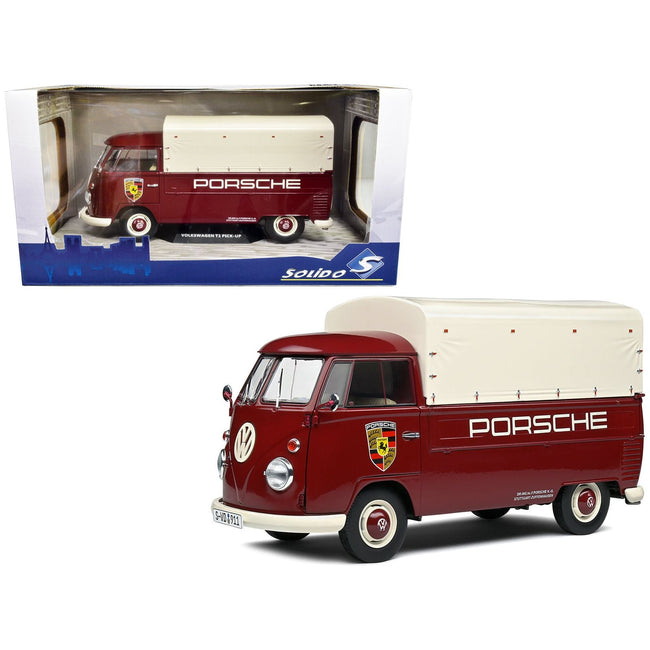 1950 Volkswagen T1 Pickup Truck with Camper Shell Dark Red "Porsche Service" 1/18 Diecast Model Car by Solido - Solido - ModelCars.com