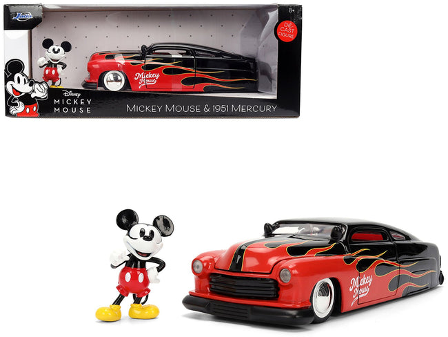 1951 Mercury Coupe Black with Flame Graphics and Red Interior and Mickey Mouse Diecast Figure "Disney's Mickey Mouse" "Hollywood Rides" Series 1/24 Diecast Model Car by Jada-Jada-ModelCars.com