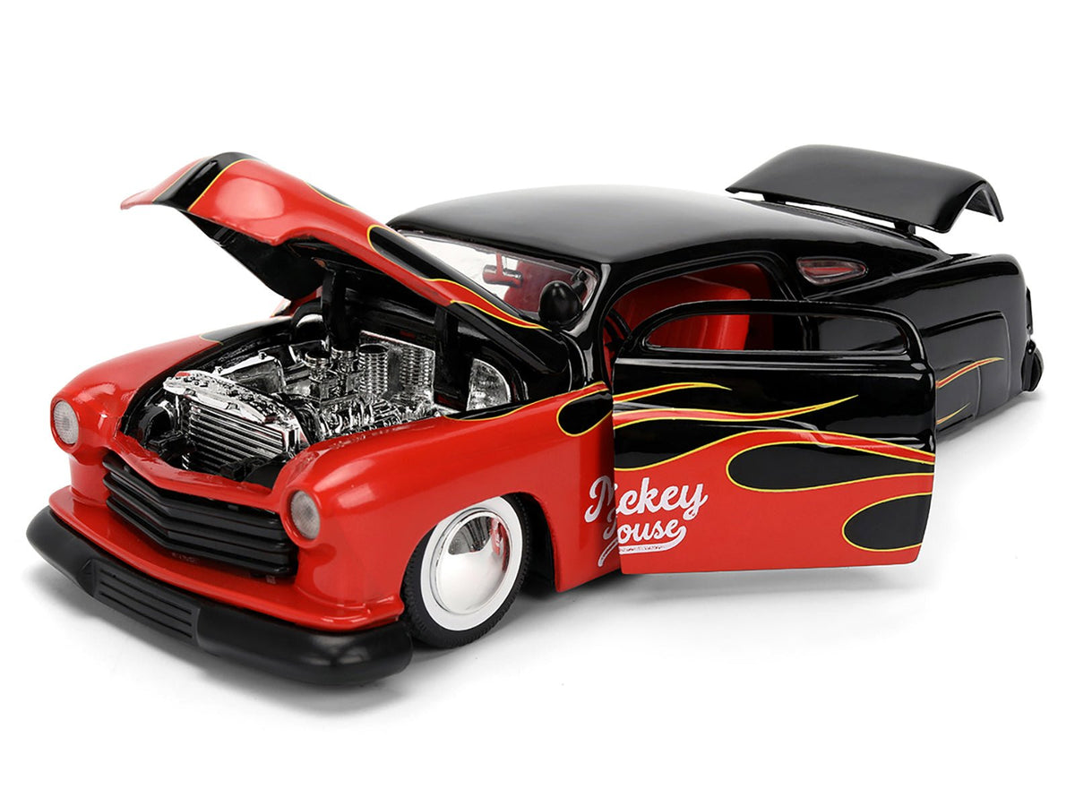 1951 Mercury Coupe Black with Flame Graphics and Red Interior and Mickey Mouse Diecast Figure "Disney's Mickey Mouse" "Hollywood Rides" Series 1/24 Diecast Model Car by Jada-Jada-ModelCars.com