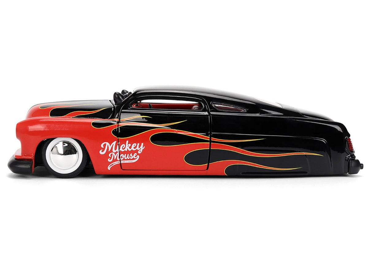 1951 Mercury Coupe Black with Flame Graphics and Red Interior and Mickey Mouse Diecast Figure "Disney's Mickey Mouse" "Hollywood Rides" Series 1/24 Diecast Model Car by Jada-Jada-ModelCars.com