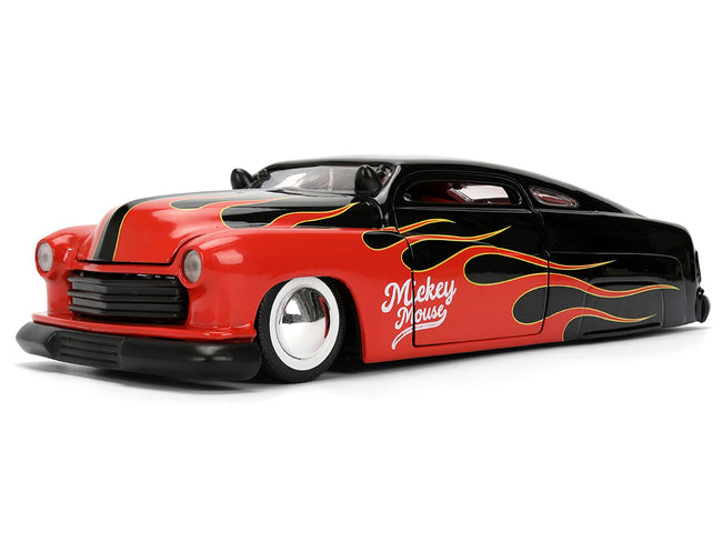 1951 Mercury Coupe Black with Flame Graphics and Red Interior and Mickey Mouse Diecast Figure "Disney's Mickey Mouse" "Hollywood Rides" Series 1/24 Diecast Model Car by Jada-Jada-ModelCars.com