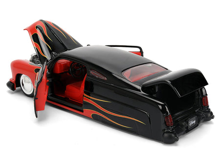 1951 Mercury Coupe Black with Flame Graphics and Red Interior and Mickey Mouse Diecast Figure "Disney's Mickey Mouse" "Hollywood Rides" Series 1/24 Diecast Model Car by Jada-Jada-ModelCars.com