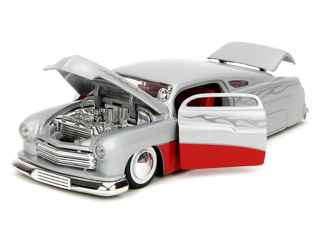 1951 Mercury Silver Metallic and Red with Flame Graphics and Red Interior "Bigtime Muscle" Series 1/24 Diecast Model Car by Jada-Jada-ModelCars.com