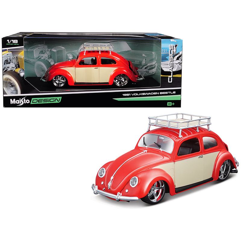 1951 Volkswagen Beetle with Roof Rack Orange Red "Classic Muscle" 1/18 Diecast Model Car by Maisto - Maisto - ModelCars.com