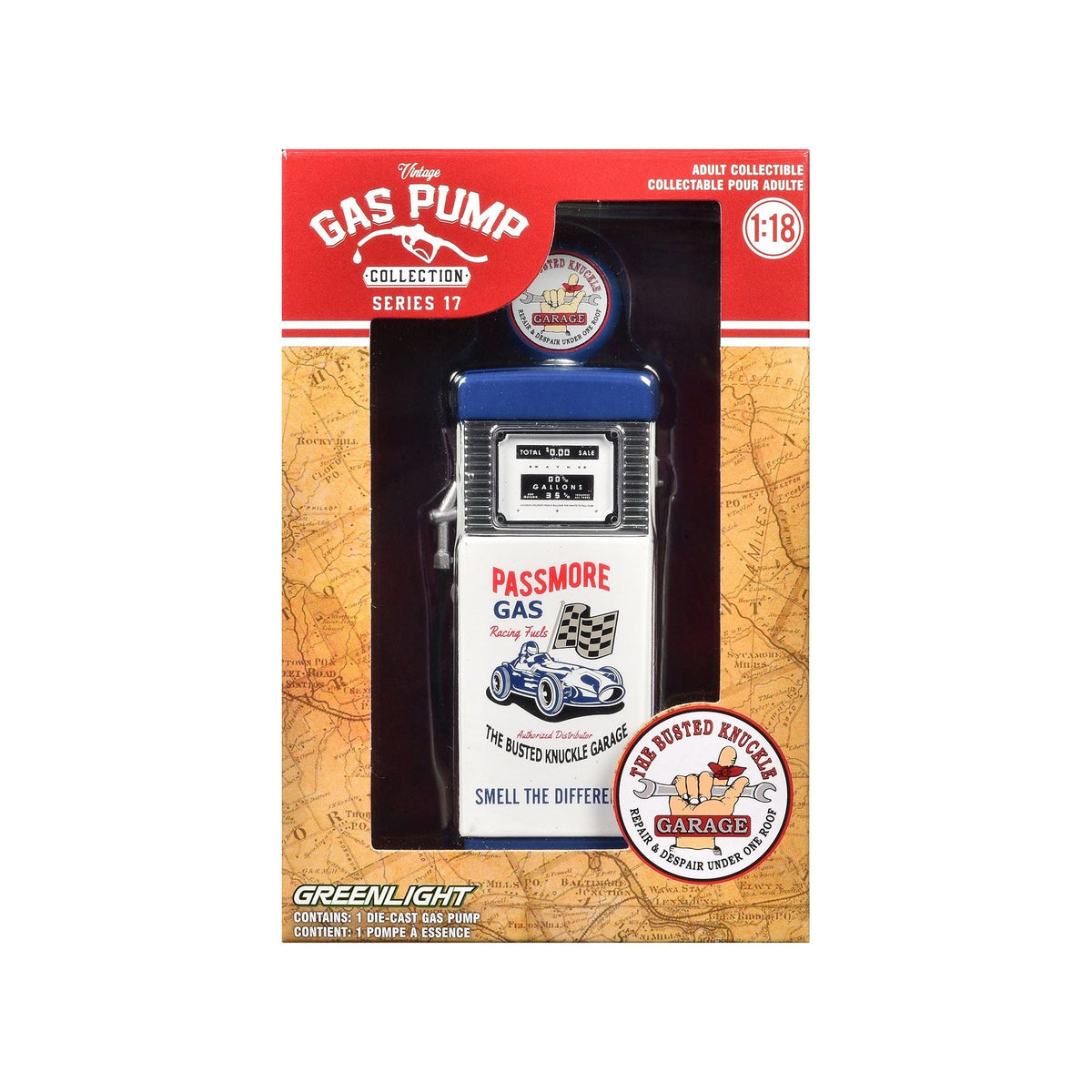 1951 Wayne 505 Gas Pump "Busted Knuckle Garage" White and Blue "Vintage Gas Pumps" Series 17 1/18 Diecast Replica by Greenlight-Greenlight-ModelCars.com