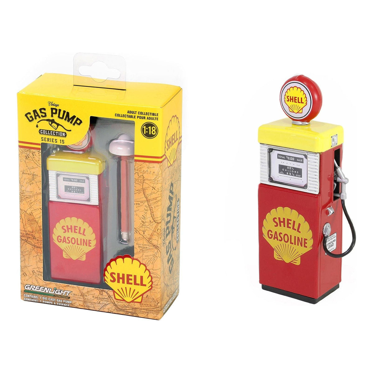 1951 Wayne 505 Gas Pump "Shell Gasoline" Red and Yellow "Vintage Gas Pumps" Series 15 1/18 Diecast Replica by Greenlight-Greenlight-ModelCars.com