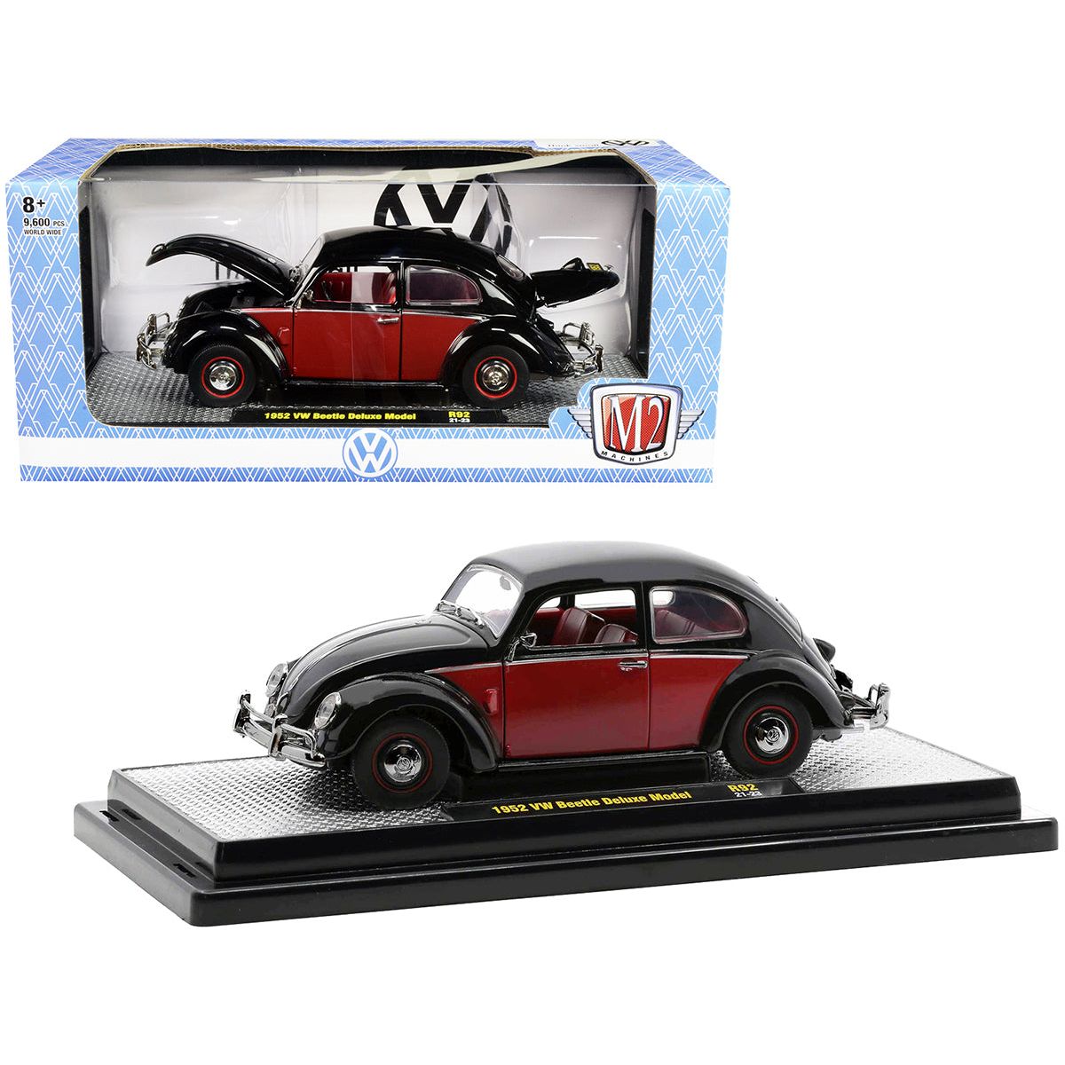 1952 Volkswagen Beetle Deluxe Black and Red with Red Interior Limited Edition to 9600 pieces Worldwide 1/24 Diecast Model Car by M2 Machines-M2-ModelCars.com