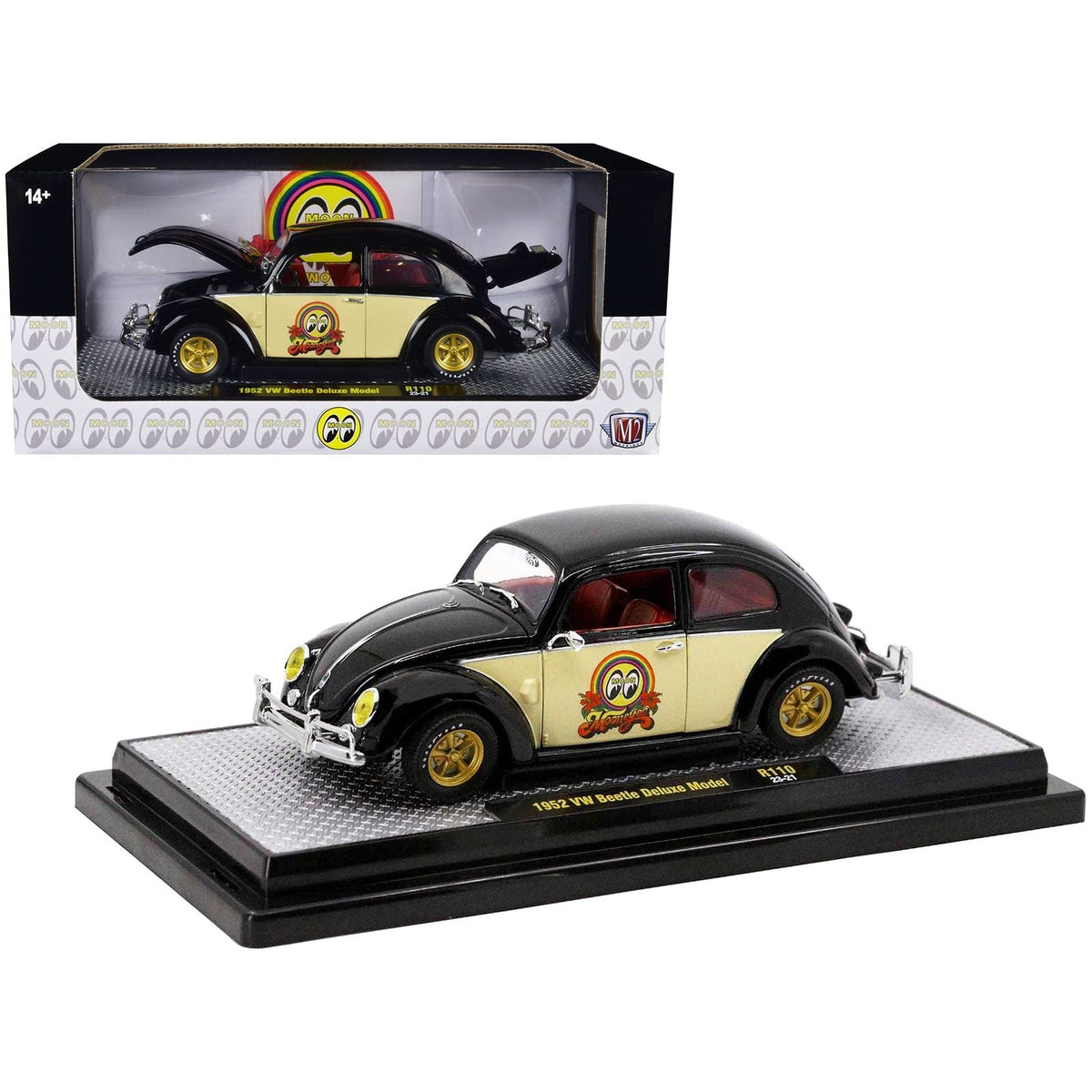 1952 Volkswagen Beetle Deluxe Model Black with Cream Sides and Red Interior "MoonEyes" Limited Edition to 5250 pieces Worldwide 1/24 Diecast Model Car by M2 Machines-M2-ModelCars.com