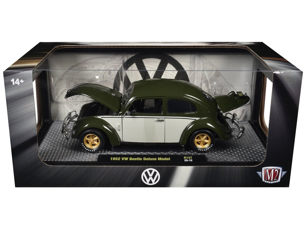 1952 Volkswagen Beetle Deluxe Model Dark Green with Beige Sides Limited Edition to 5250 pieces Worldwide 1/24 Diecast Model Car by M2 Machines-M2-ModelCars.com