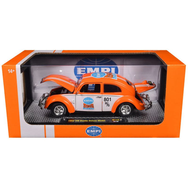 1952 Volkswagen Beetle Deluxe Model "EMPI Power Rules" Orange and White with Graphics Limited Edition to 6650 pieces Worldwide 1/24 Diecast Model Car by M2 Machines - M2 - ModelCars.com