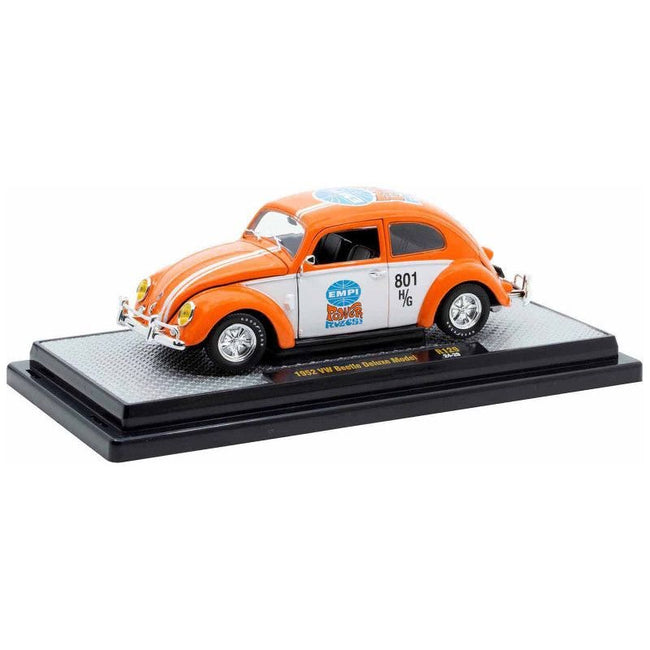 1952 Volkswagen Beetle Deluxe Model "EMPI Power Rules" Orange and White with Graphics Limited Edition to 6650 pieces Worldwide 1/24 Diecast Model Car by M2 Machines - M2 - ModelCars.com