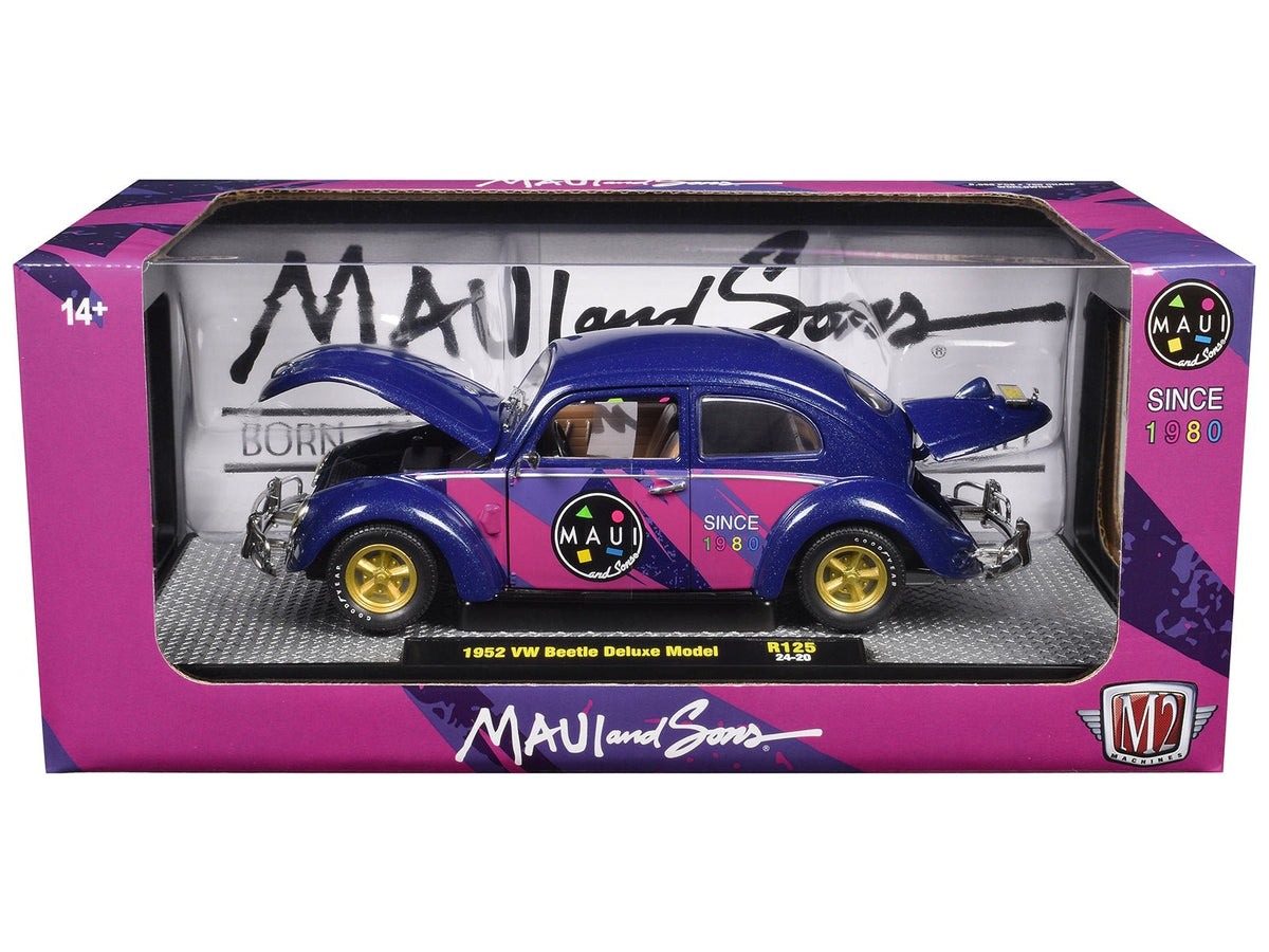 1952 Volkswagen Beetle Deluxe Model "Maui & Sons" Purple Metallic with Graphics Limited Edition to 6650 pieces Worldwide 1/24 Diecast Model Car by M2 Machines-M2-ModelCars.com