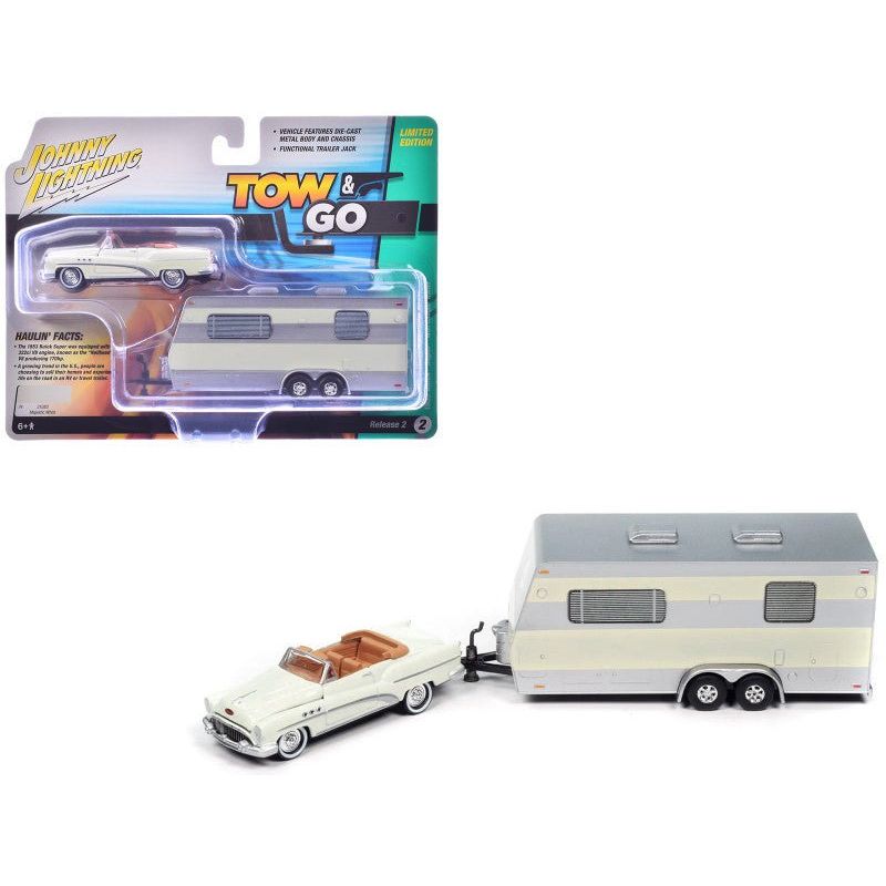 1953 Buick Super Cream with Travel Trailer Limited Edition "Tow & Go" Series 1/64 Diecast Model Car by Johnny Lightning-Johnny Lightning-ModelCars.com