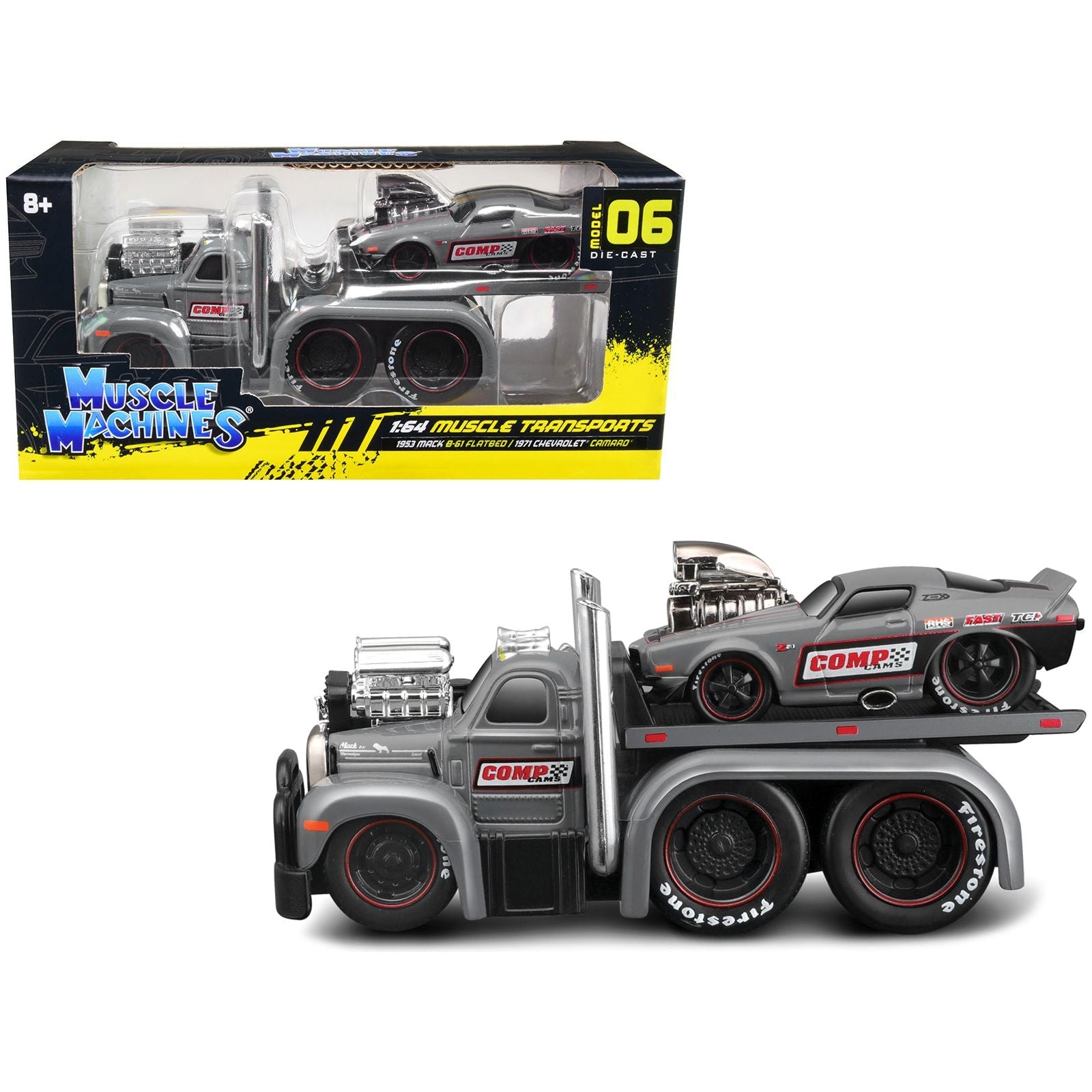 1953 Mack B - 61 Flatbed Truck and 1971 Chevrolet Camaro Gray "Comp Cams" "Muscle Transports" Series 1/64 Diecast Model Cars by Muscle Machines - Muscle Machines - ModelCars.com