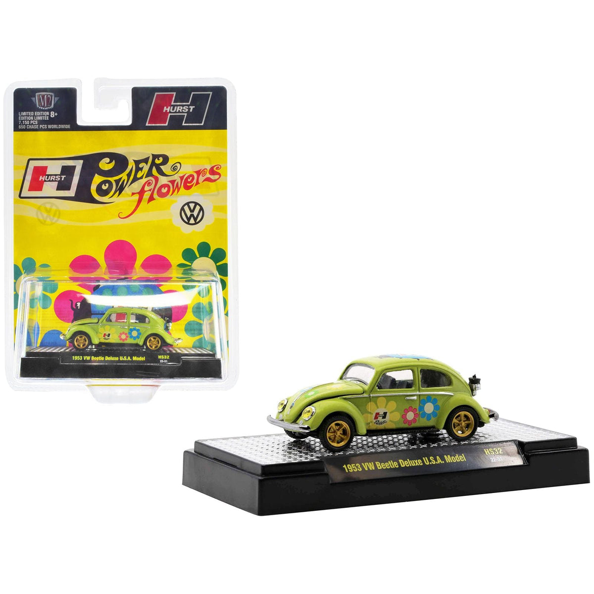 1953 Volkswagen Beetle Deluxe U.S.A. Model Lime Green Metallic with Graphics "Hurst Power Flowers" Limited Edition to 7150 pieces Worldwide 1/64 Diecast Model Car by M2 Machines - M2 - ModelCars.com