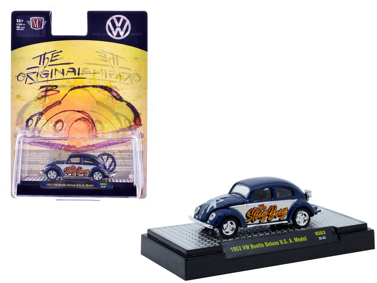 1953 Volkswagen Beetle Deluxe USA Model "The Slug Bug" Blue Metallic with White Sides Limited Edition to 5566 pieces Worldwide 1/64 Diecast Model Car by M2 Machines-M2-ModelCars.com