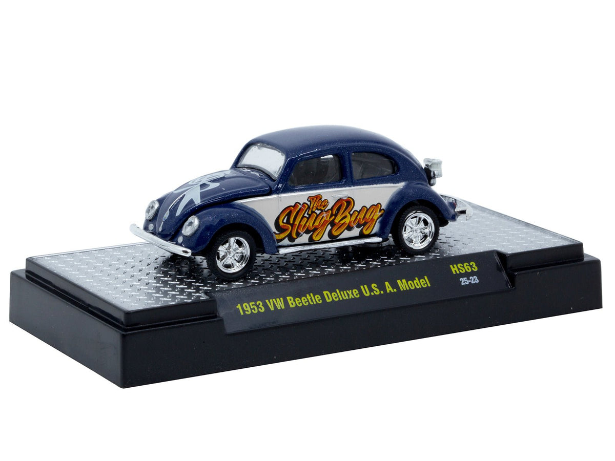 1953 Volkswagen Beetle Deluxe USA Model "The Slug Bug" Blue Metallic with White Sides Limited Edition to 5566 pieces Worldwide 1/64 Diecast Model Car by M2 Machines-M2-ModelCars.com