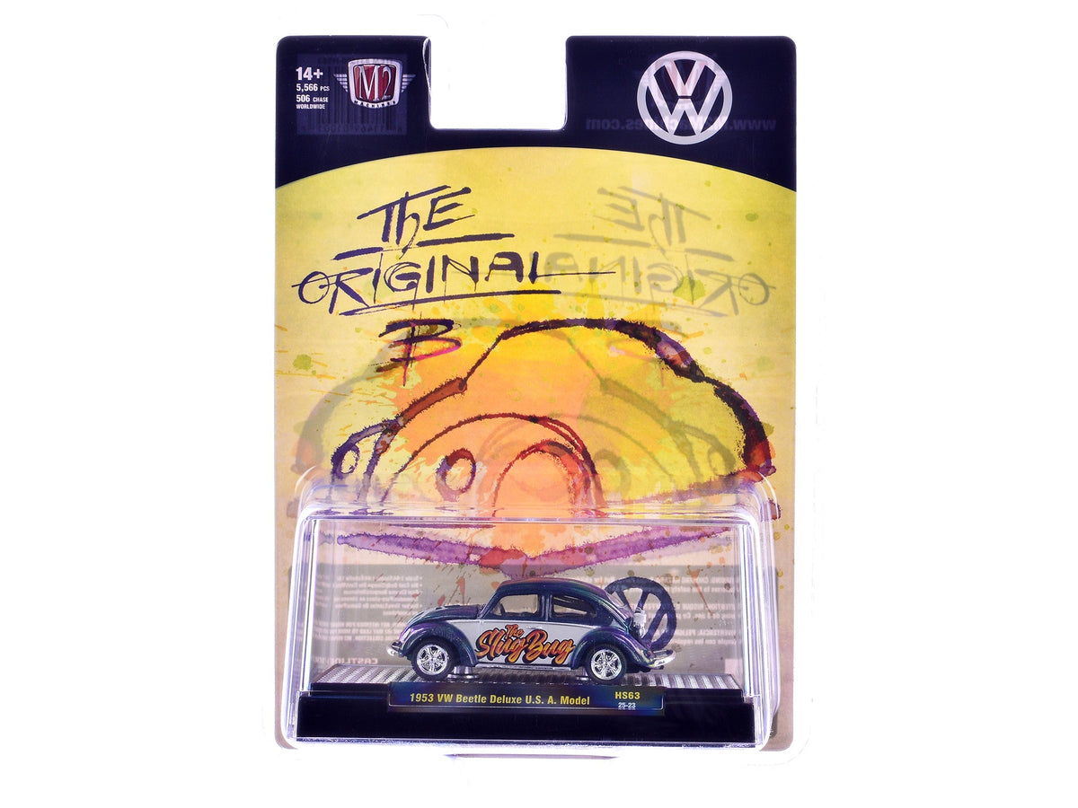 1953 Volkswagen Beetle Deluxe USA Model "The Slug Bug" Blue Metallic with White Sides Limited Edition to 5566 pieces Worldwide 1/64 Diecast Model Car by M2 Machines-M2-ModelCars.com