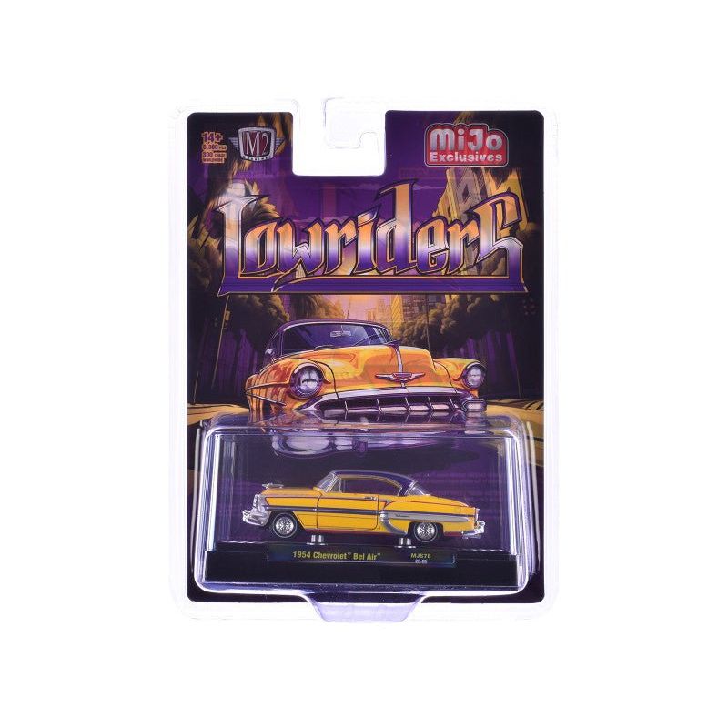 1954 Chevrolet Bel Air "Lowriders" Yellow Metallic with Stripes and Silver Stripes Top and White Interior Limited Edition to 3300 pieces Worldwide 1/64 Diecast Model Car by M2 Machines-M2-ModelCars.com