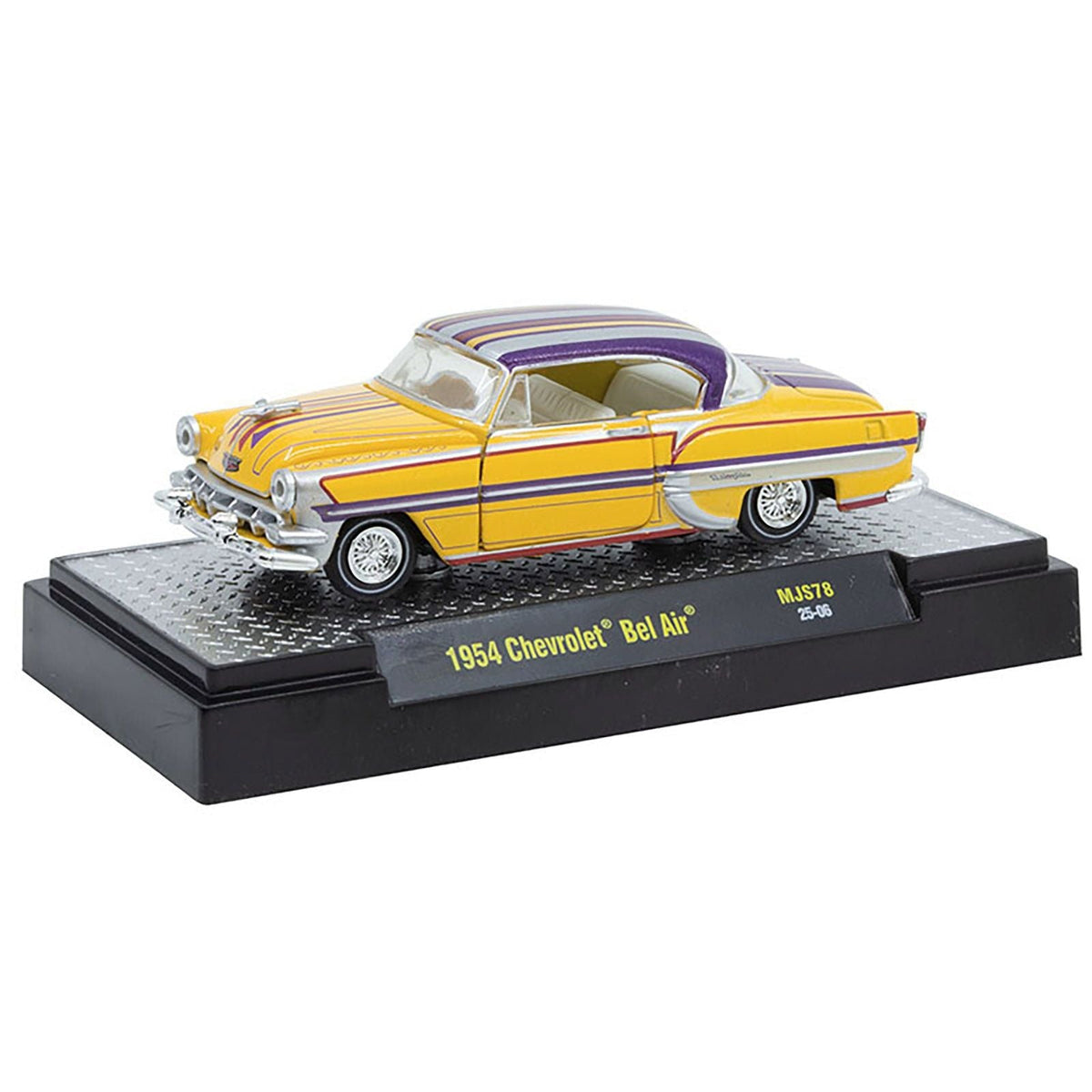 1954 Chevrolet Bel Air "Lowriders" Yellow Metallic with Stripes and Silver Stripes Top and White Interior Limited Edition to 3300 pieces Worldwide 1/64 Diecast Model Car by M2 Machines-M2-ModelCars.com