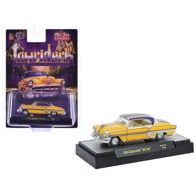 1954 Chevrolet Bel Air "Lowriders" Yellow Metallic with Stripes and Silver Stripes Top and White Interior Limited Edition to 3300 pieces Worldwide 1/64 Diecast Model Car by M2 Machines-M2-ModelCars.com