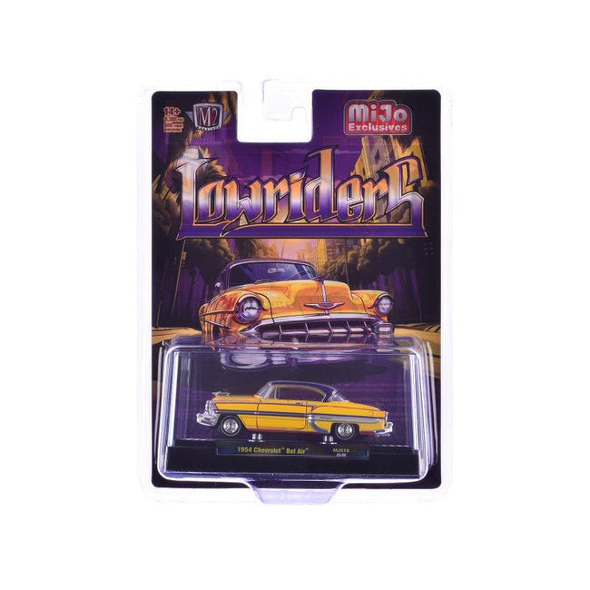 1954 Chevrolet Bel Air "Lowriders" Yellow Metallic with Stripes and Silver Stripes Top and White Interior Limited Edition to 3300 pieces Worldwide 1/64 Diecast Model Car by M2 Machines - M2 - ModelCars.com