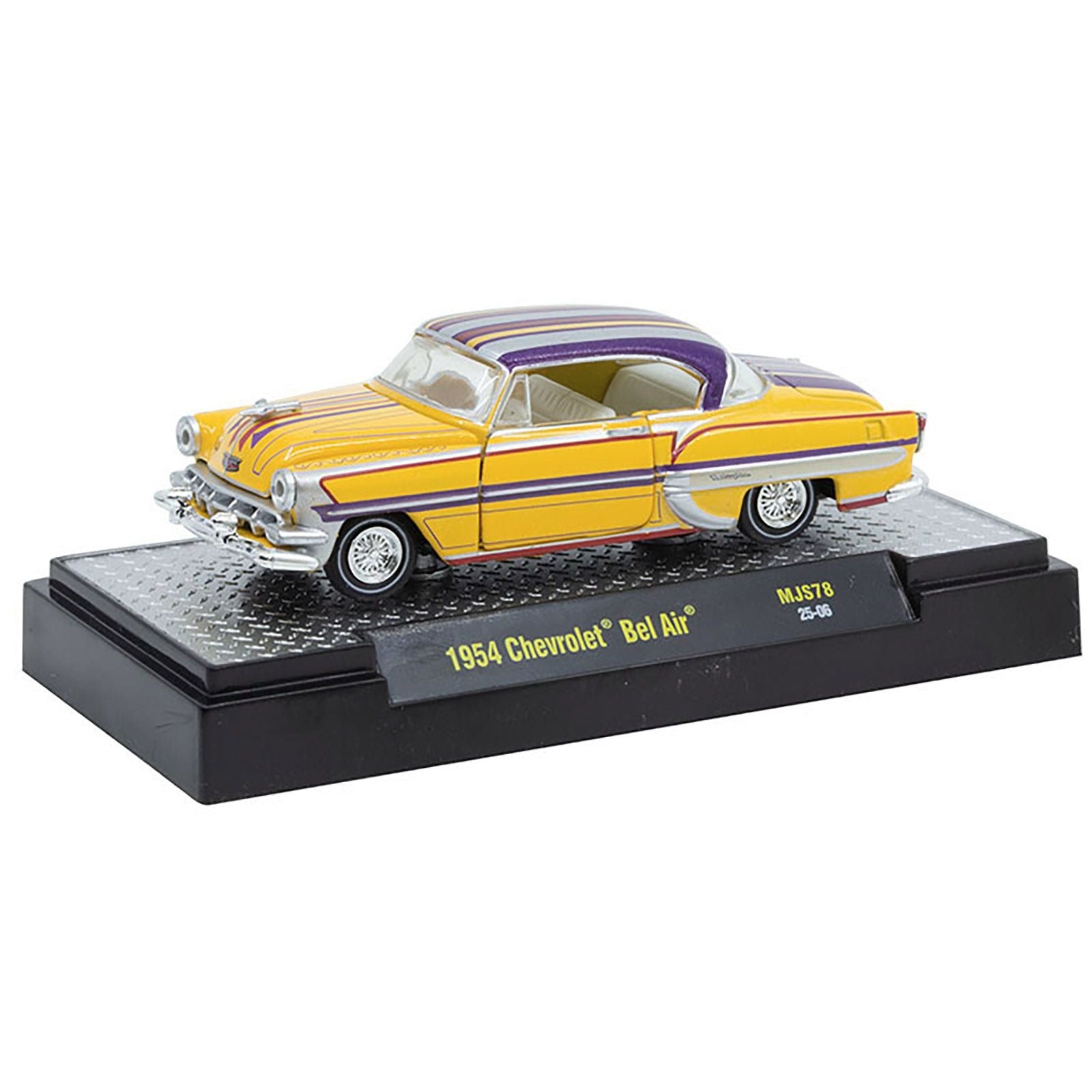 1954 Chevrolet Bel Air "Lowriders" Yellow Metallic with Stripes and Silver Stripes Top and White Interior Limited Edition to 3300 pieces Worldwide 1/64 Diecast Model Car by M2 Machines - M2 - ModelCars.com