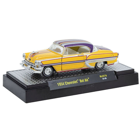 1954 Chevrolet Bel Air "Lowriders" Yellow Metallic with Stripes and Silver Stripes Top and White Interior Limited Edition to 3300 pieces Worldwide 1/64 Diecast Model Car by M2 Machines - M2 - ModelCars.com