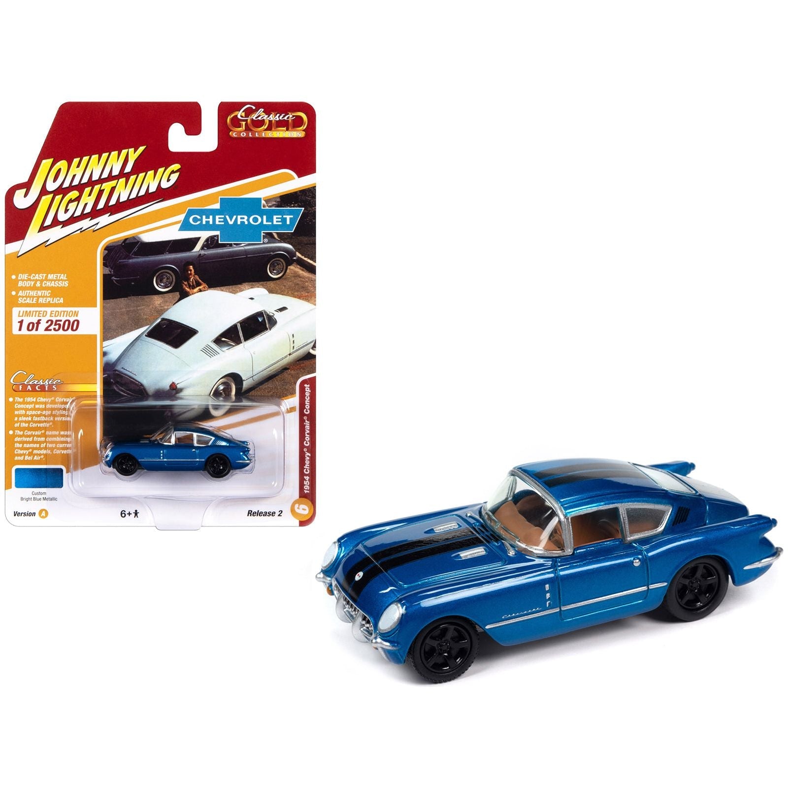 1954 Chevrolet Corvair Concept Car Bright Blue Metallic with Black Stripes "Classic Gold Collection" 2023 Release 2 Limited Edition to 2500 pieces Worldwide 1/64 Diecast Model Car by Johnny Lightning - Johnny Lightning - ModelCars.com