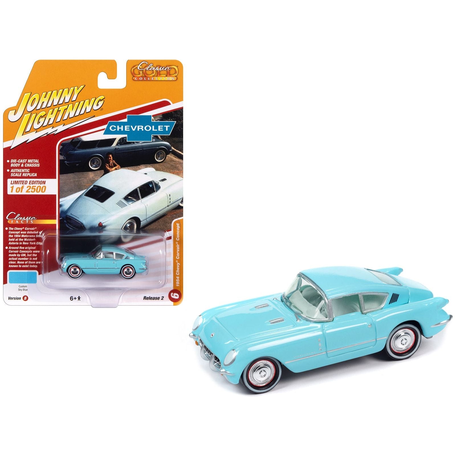 1954 Chevrolet Corvair Concept Car Sky Blue with Light Blue Interior "Classic Gold Collection" 2023 Release 2 Limited Edition to 2500 pieces Worldwide 1/64 Diecast Model Car by Johnny Lightning - Johnny Lightning - ModelCars.com