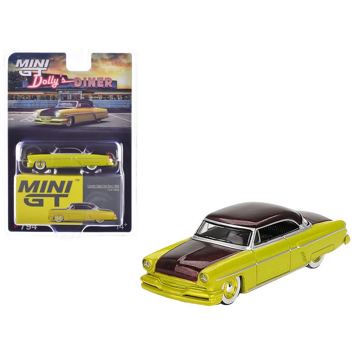 1954 Lincoln Capri Hot Rod Lime Yellow Metallic and Brown Metallic Limited Edition 1/64 Diecast Model Car by Mini GT-Mini GT-ModelCars.com