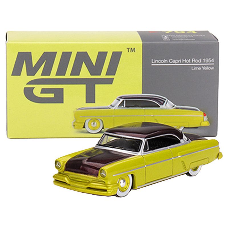 1954 Lincoln Capri Hot Rod Lime Yellow Metallic and Brown Metallic Limited Edition 1/64 Diecast Model Car by Mini GT-Mini GT-ModelCars.com