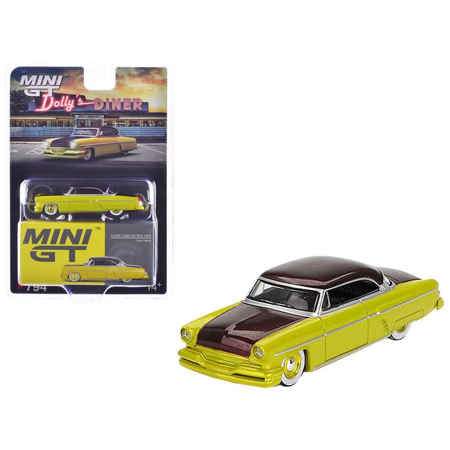 1954 Lincoln Capri Hot Rod Lime Yellow Metallic and Brown Metallic Limited Edition 1/64 Diecast Model Car by Mini GT - Mini GT - ModelCars.com