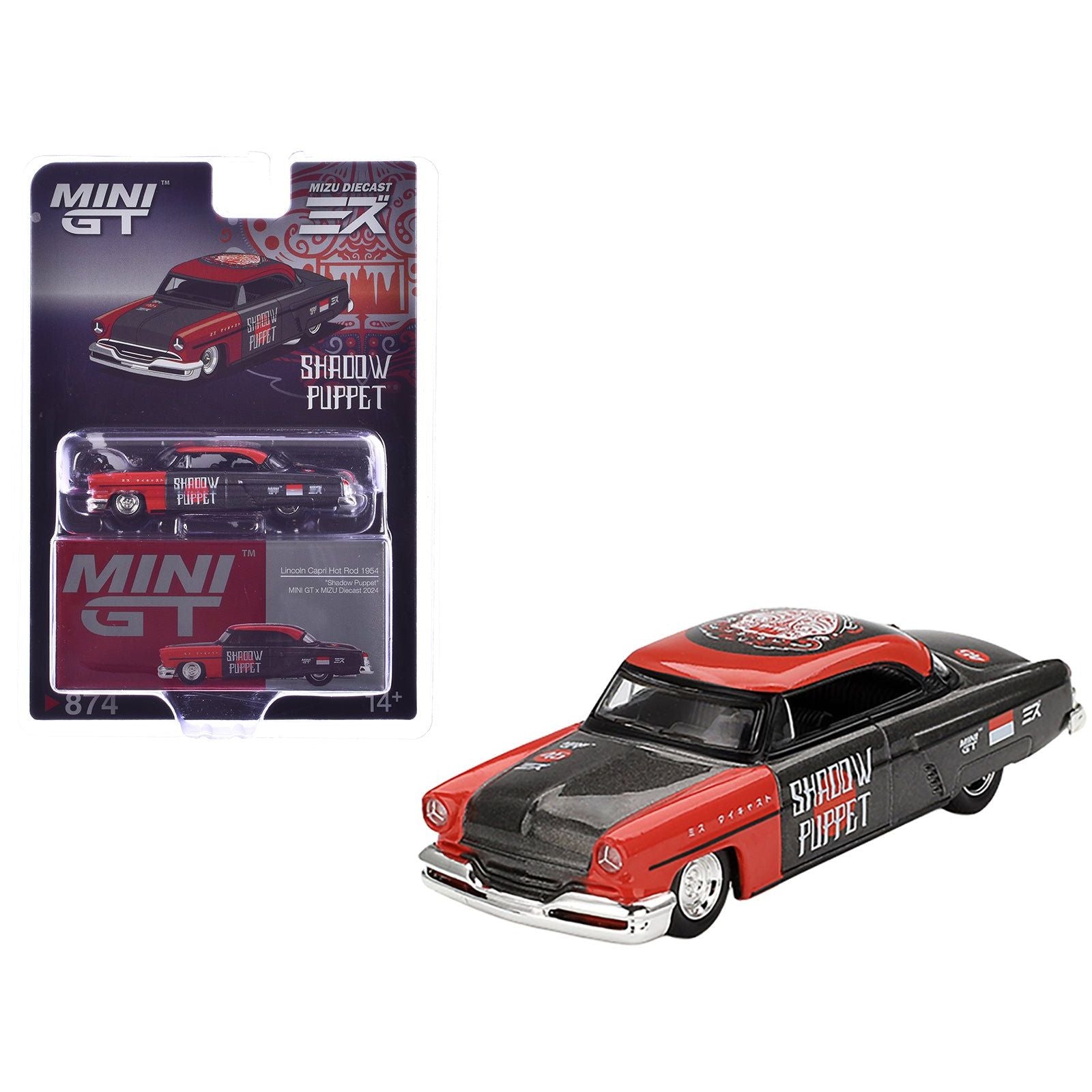 1954 Lincoln Capri Hot Rod "Shadow Puppet" Red and Dark Gray "MINI GT x MIZU Diecast 2024" Limited Edition 1/64 Diecast Model Car by Mini GT - Mini GT - ModelCars.com