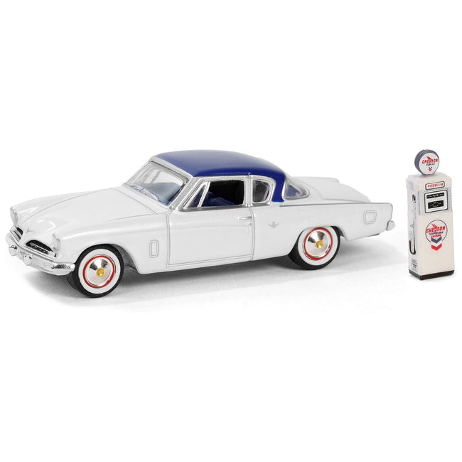 1954 Studebaker Commander Starliner White with Blue Top and Blue Interior with "Chevron Supreme" Vintage Wayne 505 Gas Pump "The Hobby Shop" Series 16 1/64 Diecast Model Car by Greenlight-Greenlight-ModelCars.com