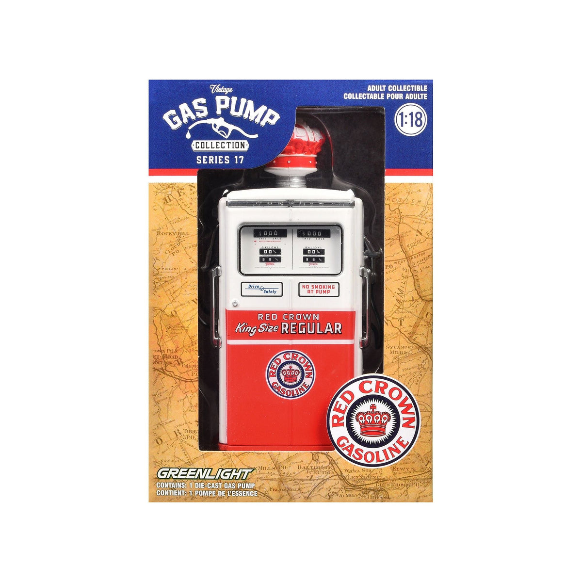 1954 Tokheim 350 Twin Gas Pump "Red Crown Gasoline" White and Red "Vintage Gas Pumps" Series 17 1/18 Diecast Replica by Greenlight-Greenlight-ModelCars.com