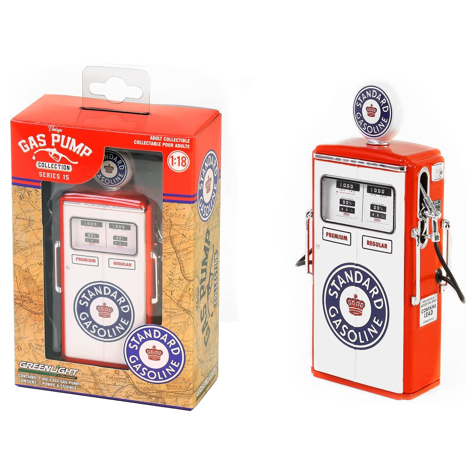 1954 Tokheim 350 Twin Gas Pump "Standard Gasoline" White and Red "Vintage Gas Pumps" Series 15 1/18 Diecast Replica by Greenlight - Greenlight - ModelCars.com