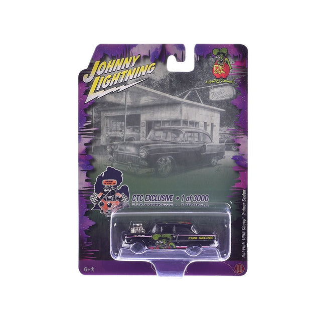 1955 Chevrolet 2-Door Sedan "Rat Fink Racing" Black with Graphics "CTC Exclusive" Series Limited Edition to 3000 pieces Worldwide 1/64 Diecast Model Car by Johnny Lightning-Johnny Lightning-ModelCars.com