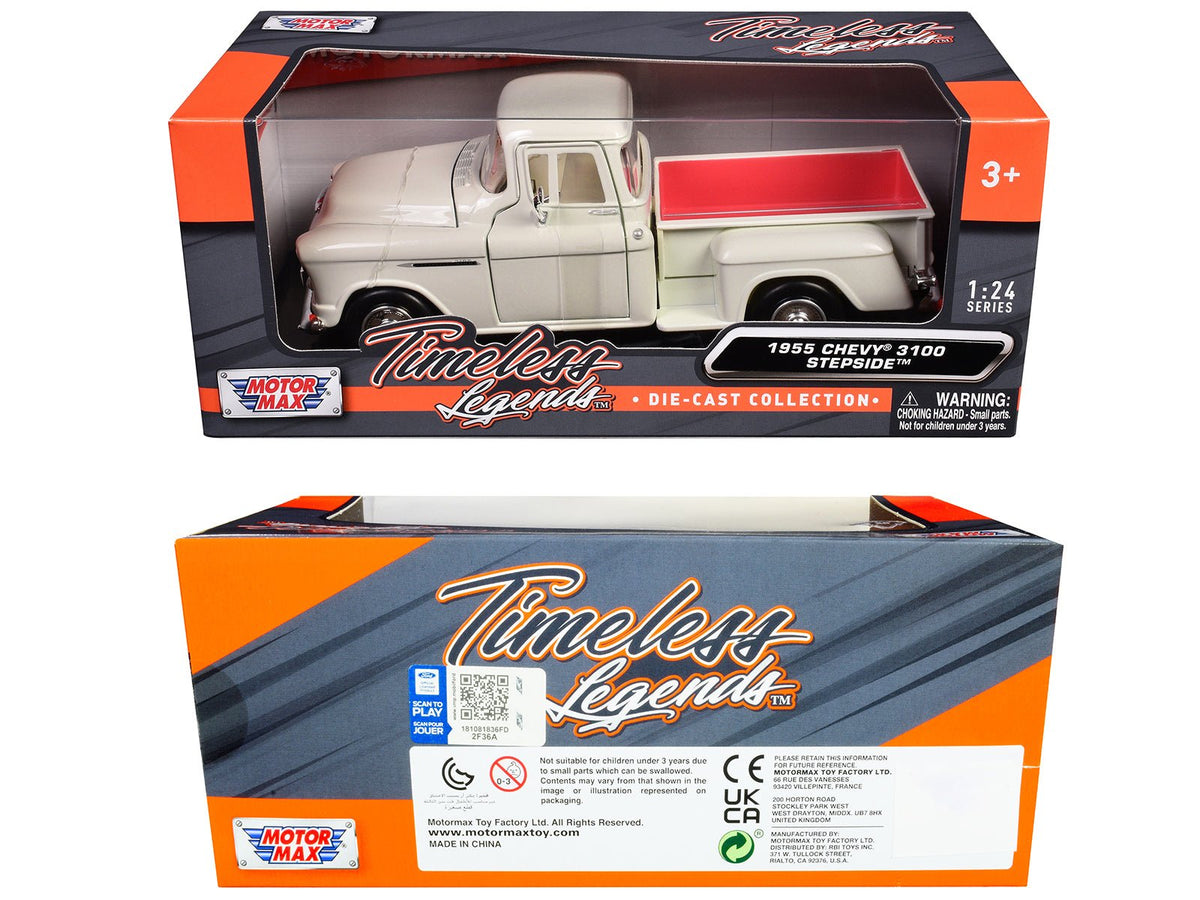 1955 Chevrolet 3100 Stepside Pickup Truck Cream with White Interior "Timeless Legends" Series 1/24 Diecast Model Car by Motormax-Motormax-ModelCars.com
