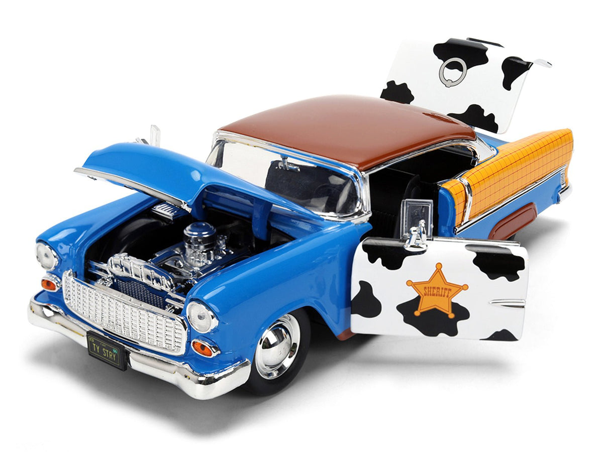 1955 Chevrolet Bel Air Blue with Graphics and Woody Diecast Figure "Toy Story" Franchise "Hollywood Rides" Series 1/24 Diecast Model Car by Jada-Jada-ModelCars.com