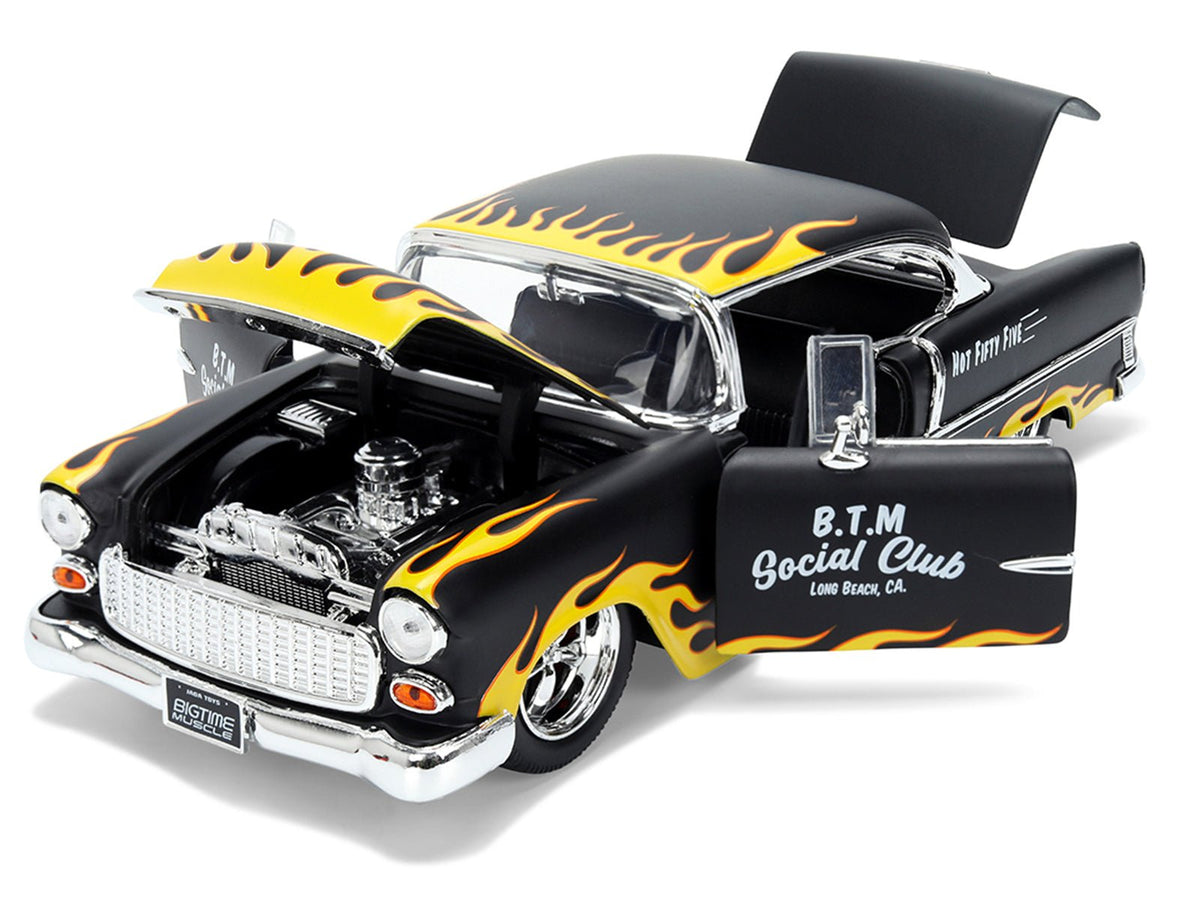 1955 Chevrolet Bel Air "BTM Social Club" Matt Black with Flames "Bigtime Muscle" Series 1/24 Diecast Model Car by Jada-Jada-ModelCars.com