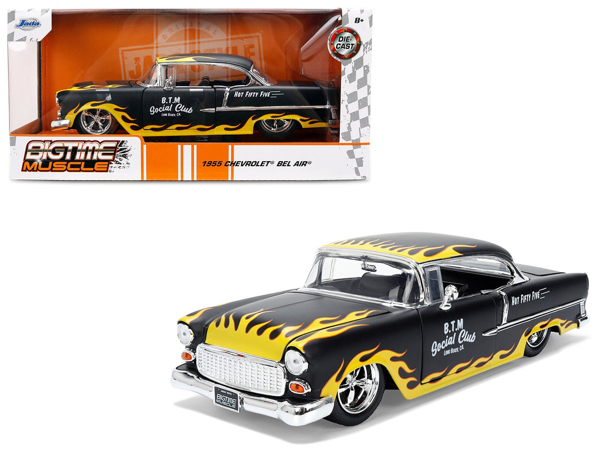 1955 Chevrolet Bel Air "BTM Social Club" Matt Black with Flames "Bigtime Muscle" Series 1/24 Diecast Model Car by Jada-Jada-ModelCars.com