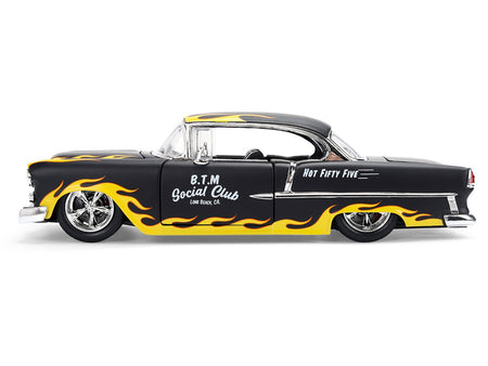 1955 Chevrolet Bel Air "BTM Social Club" Matt Black with Flames "Bigtime Muscle" Series 1/24 Diecast Model Car by Jada-Jada-ModelCars.com